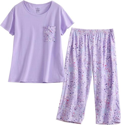 HOWINCO Womens Plus Size Pajama Sets Summer Cotton Sleepwear Top with Capri Pant Pjs Fun Prints Pajama Set in Saudi Arabia