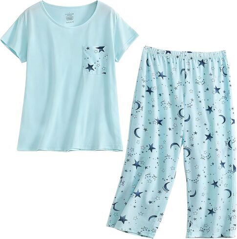 HOWINCO Womens Plus Size Pajama Sets Summer Cotton Sleepwear Top with Capri Pant Pjs Fun Prints Pajama Set in Saudi Arabia