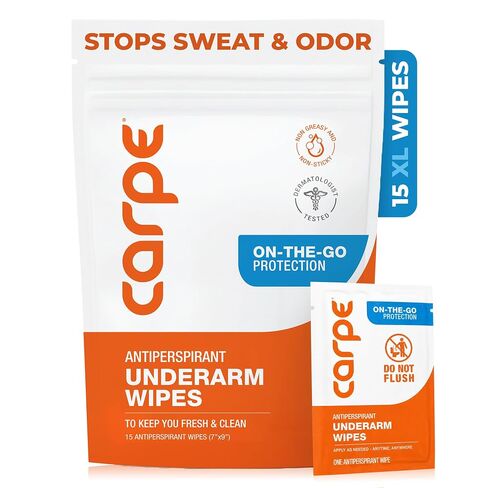 Carpe Antiperspirant Underarm Wipes for Sweat Blocking, Deodorizing, and Cleansing When You’re On the Move - 15 Residue Free, Individually Wrapped Wipes - Clean and Refreshing Scent in Kuwait