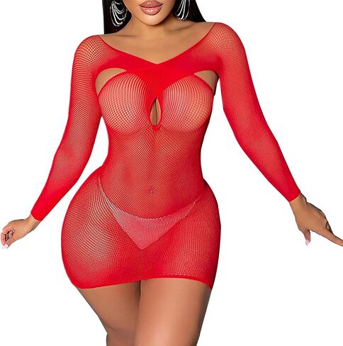 Womens Lingerie Fishnet Dress Mesh Badydoll Fishnet Bodysuit See Through Chemise in Saudi Arabia