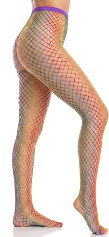Sucrain Womens Rainbow Fishnet Stockings Stretch Sheer High Waist Tights Thigh High Stockings Pantyhose in Kuwait