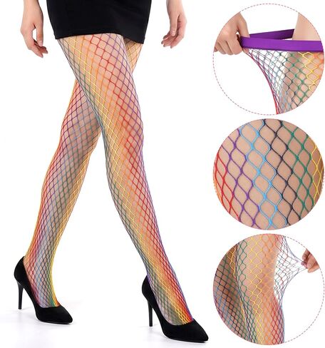 Sucrain Womens Rainbow Fishnet Stockings Stretch Sheer High Waist Tights Thigh High Stockings Pantyhose in Kuwait