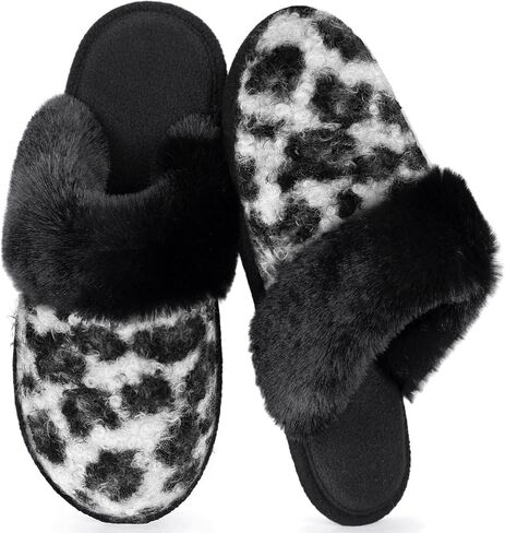 ULTRAIDEAS Women's Leopard Print Fuzzy Slippers Warm Cozy House Slippers Memory Foam Non-Slip Rubber Sole House Shoes Indoor Outdoor Plush Home Slippers for Women in Saudi Arabia