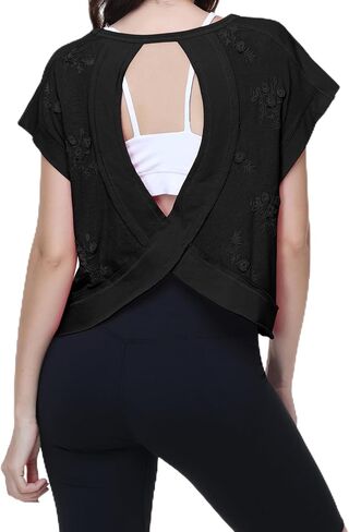 Womens Yoga Workout Tops Loose Fit Embroidery Floral Open Back Short Sleeve Lace Tee for Athletic Running Gym in Saudi Arabia