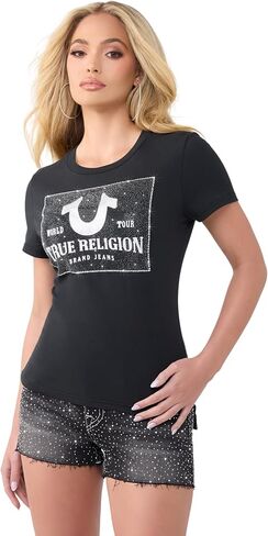 True Religion Women’s Crystal Trt Classic Crew Neck – Soft Cotton Blend, Comfortable Fit, Flattering Style in Kuwait