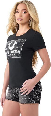 True Religion Women’s Crystal Trt Classic Crew Neck – Soft Cotton Blend, Comfortable Fit, Flattering Style in Kuwait