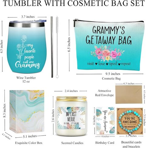Grammy Grandma Gifts,Grandma Birthday Gifts, Funny Anniversary Retirement Gift for Women Grandmother New Granny Christmas Mothers Day Wine Tumbler Makeup Bag Bracelet Scented Candle Set with Gift Box in Saudi Arabia