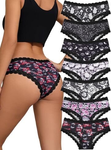 Dircho Women's Hipster Panties - 7 Pack Gothic Panties for Women with Skull and Halloween Print, Contrast Lace Trim Underwear in Kuwait