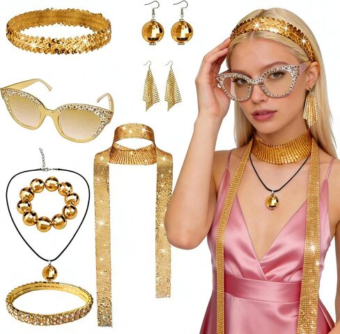 ELECLAND 10 Pieces 70s Disco Women Accessories Set Headband Glitter Sunglasses Earrings Necklace Choker Bracelet for Cosplay in Saudi Arabia