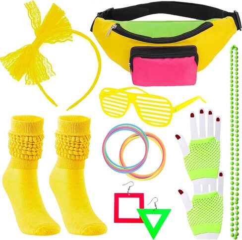 YAROMO 80s Costume Accessories, 80's Fanny Pack Glasses Hairband Fishnet Gloves Bracelet Earrings Necklace Socks for Women in Kuwait