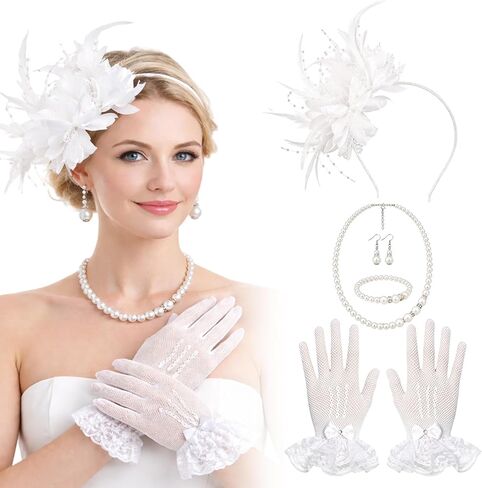 5PCS Tea Party Hat and Gloves Set, Lace Accessories for Women, Elegant Headpiece and Gloves Combo, Ideal for Bridal Showers and Formal Events, Includes Necklace and Hair Accessories Multicolor in Saudi Arabia