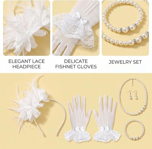 5PCS Tea Party Hat and Gloves Set, Lace Accessories for Women, Elegant Headpiece and Gloves Combo, Ideal for Bridal Showers and Formal Events, Includes Necklace and Hair Accessories Multicolor in Saudi Arabia