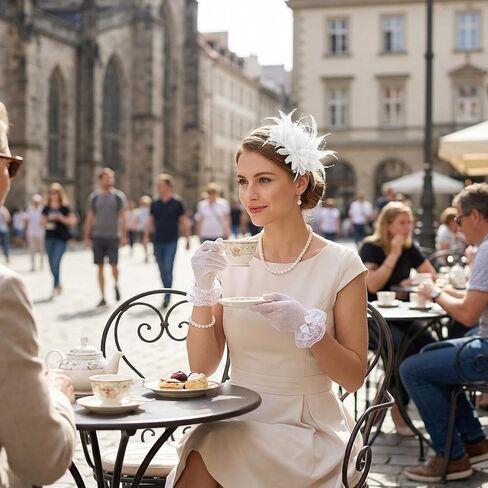 5PCS Tea Party Hat and Gloves Set, Lace Accessories for Women, Elegant Headpiece and Gloves Combo, Ideal for Bridal Showers and Formal Events, Includes Necklace and Hair Accessories Multicolor in Saudi Arabia