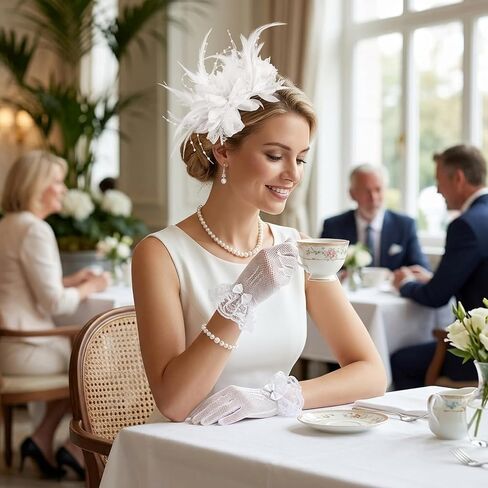 5PCS Tea Party Hat and Gloves Set, Lace Accessories for Women, Elegant Headpiece and Gloves Combo, Ideal for Bridal Showers and Formal Events, Includes Necklace and Hair Accessories Multicolor in Saudi Arabia