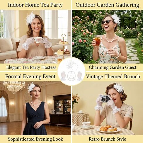5PCS Tea Party Hat and Gloves Set, Lace Accessories for Women, Elegant Headpiece and Gloves Combo, Ideal for Bridal Showers and Formal Events, Includes Necklace and Hair Accessories Multicolor in Saudi Arabia