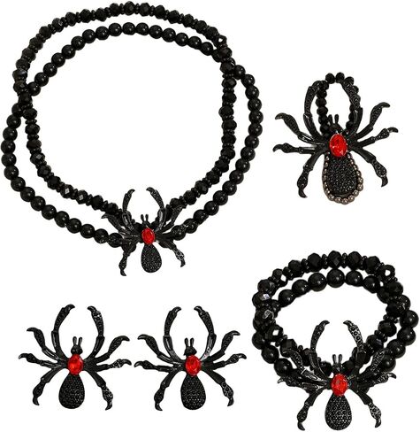 MALOYANVE 4Pcs Halloween Spider Jewelry Set for Women Gothic Black Widow Crystal Beaded Necklace Earrings Bracelet Ring Spooky Costume Accessories Punk Goth Halloween Party Cosplay ﻿ in Kuwait