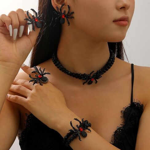 MALOYANVE 4Pcs Halloween Spider Jewelry Set for Women Gothic Black Widow Crystal Beaded Necklace Earrings Bracelet Ring Spooky Costume Accessories Punk Goth Halloween Party Cosplay ﻿ in Kuwait