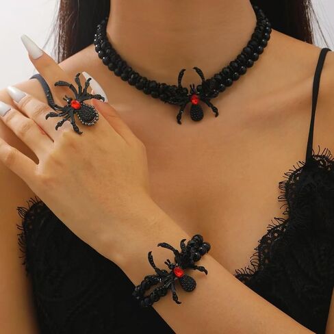 MALOYANVE 4Pcs Halloween Spider Jewelry Set for Women Gothic Black Widow Crystal Beaded Necklace Earrings Bracelet Ring Spooky Costume Accessories Punk Goth Halloween Party Cosplay ﻿ in Kuwait