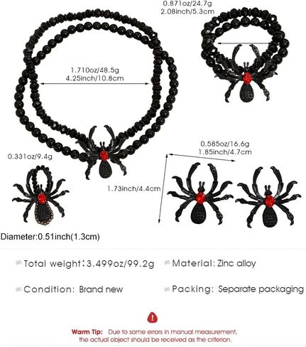 MALOYANVE 4Pcs Halloween Spider Jewelry Set for Women Gothic Black Widow Crystal Beaded Necklace Earrings Bracelet Ring Spooky Costume Accessories Punk Goth Halloween Party Cosplay ﻿ in Kuwait