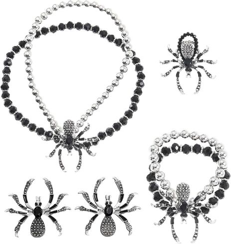 MALOYANVE 4Pcs Halloween Spider Jewelry Set for Women Gothic Black Widow Crystal Beaded Necklace Earrings Bracelet Ring Spooky Costume Accessories Punk Goth Halloween Party Cosplay ﻿ in Kuwait