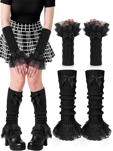 Mepase 2pcs Y2k Arm and Leg Warmers Set with Bow and Lace Kawaii Harajuku Lolita Costume Clothes for Women in Kuwait