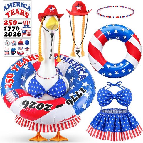 MOVINPE 4th of July Porch Goose Summer Outfit, 250th Anniversary Patriotic Costume Set for 23'' Lawn Goose Statues – Hat with Braided, Bikini Swimsuit, Beaded Necklace & Inflatable Ring Lawn Decor in Saudi Arabia
