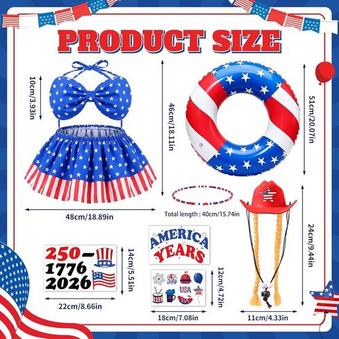 MOVINPE 4th of July Porch Goose Summer Outfit, 250th Anniversary Patriotic Costume Set for 23'' Lawn Goose Statues – Hat with Braided, Bikini Swimsuit, Beaded Necklace & Inflatable Ring Lawn Decor in Saudi Arabia