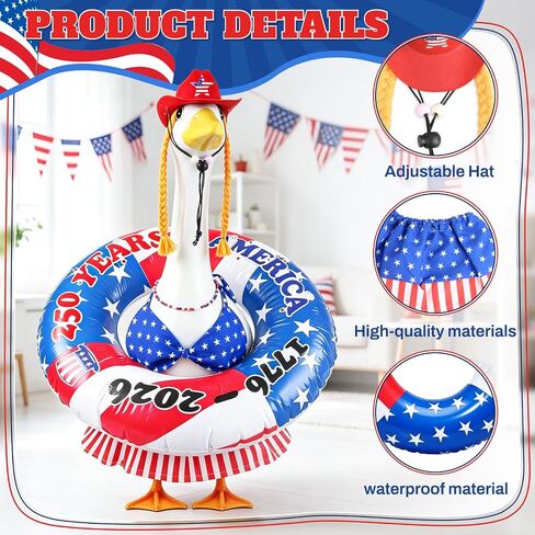 MOVINPE 4th of July Porch Goose Summer Outfit, 250th Anniversary Patriotic Costume Set for 23'' Lawn Goose Statues – Hat with Braided, Bikini Swimsuit, Beaded Necklace & Inflatable Ring Lawn Decor in Saudi Arabia