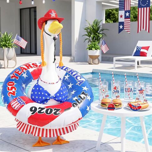 MOVINPE 4th of July Porch Goose Summer Outfit, 250th Anniversary Patriotic Costume Set for 23'' Lawn Goose Statues – Hat with Braided, Bikini Swimsuit, Beaded Necklace & Inflatable Ring Lawn Decor in Saudi Arabia