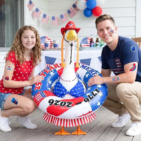 MOVINPE 4th of July Porch Goose Summer Outfit, 250th Anniversary Patriotic Costume Set for 23'' Lawn Goose Statues – Hat with Braided, Bikini Swimsuit, Beaded Necklace & Inflatable Ring Lawn Decor in Saudi Arabia