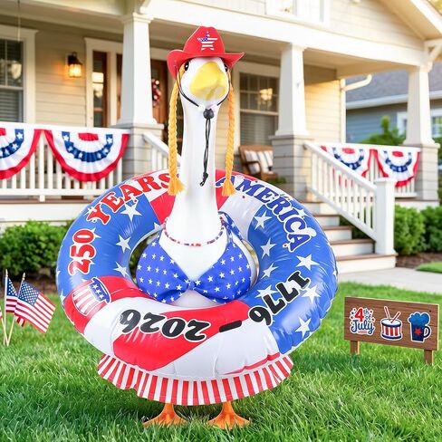 MOVINPE 4th of July Porch Goose Summer Outfit, 250th Anniversary Patriotic Costume Set for 23'' Lawn Goose Statues – Hat with Braided, Bikini Swimsuit, Beaded Necklace & Inflatable Ring Lawn Decor in Saudi Arabia
