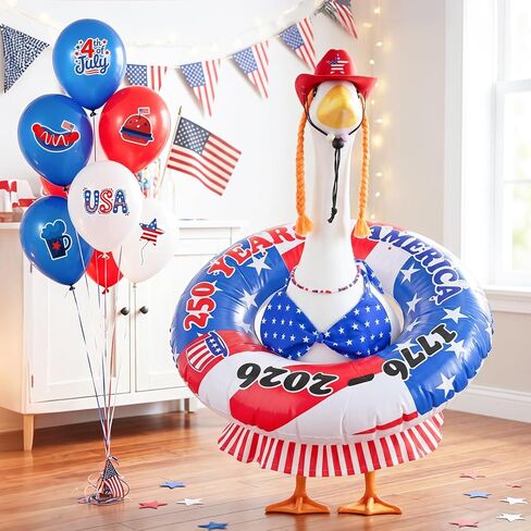 MOVINPE 4th of July Porch Goose Summer Outfit, 250th Anniversary Patriotic Costume Set for 23'' Lawn Goose Statues – Hat with Braided, Bikini Swimsuit, Beaded Necklace & Inflatable Ring Lawn Decor in Saudi Arabia