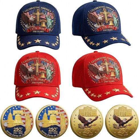 Twistover 4 Sets 250th Anniversary Hats with Badges 4 Pcs Liberty & Cross 250th Anniversary Embroidered Caps with Commemorative Coins for 250th Celebration Gifts Display Multicolor in Kuwait
