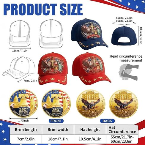 Twistover 4 Sets 250th Anniversary Hats with Badges 4 Pcs Liberty & Cross 250th Anniversary Embroidered Caps with Commemorative Coins for 250th Celebration Gifts Display Multicolor in Kuwait