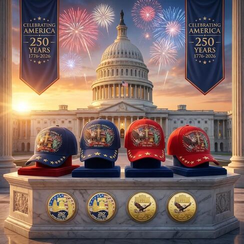 Twistover 4 Sets 250th Anniversary Hats with Badges 4 Pcs Liberty & Cross 250th Anniversary Embroidered Caps with Commemorative Coins for 250th Celebration Gifts Display Multicolor in Kuwait