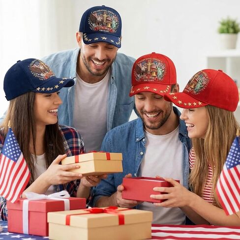 Twistover 4 Sets 250th Anniversary Hats with Badges 4 Pcs Liberty & Cross 250th Anniversary Embroidered Caps with Commemorative Coins for 250th Celebration Gifts Display Multicolor in Kuwait