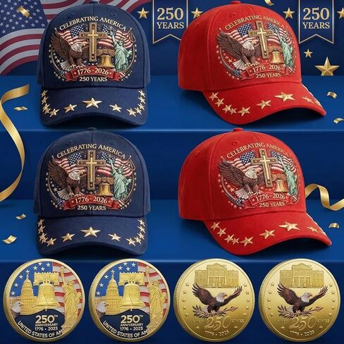 Twistover 4 Sets 250th Anniversary Hats with Badges 4 Pcs Liberty & Cross 250th Anniversary Embroidered Caps with Commemorative Coins for 250th Celebration Gifts Display Multicolor in Kuwait