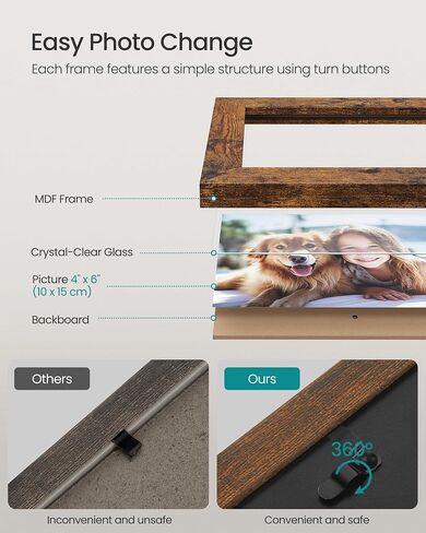 إطارات صور مجمعة من SONGMICS، مقاس 4 × 6 لديكور الحائط، صور عائلية متعددة لديكور المعرض، عرض معلق، مجموعة من 4، حبر أسود وبني ريفي URPF025K01 in Kuwait