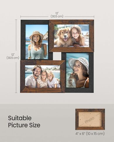 إطارات صور مجمعة من SONGMICS، مقاس 4 × 6 لديكور الحائط، صور عائلية متعددة لديكور المعرض، عرض معلق، مجموعة من 4، حبر أسود وبني ريفي URPF025K01 in Kuwait