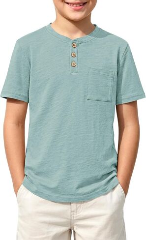 ROVENTIS Boys Henley Shirts Kids Short Sleeve Casual Button Down Cotton T-Shirts Summer Boy Tops Tees 9-10 Years Lake Green in Saudi Arabia