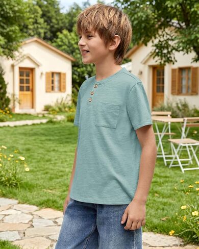 ROVENTIS Boys Henley Shirts Kids Short Sleeve Casual Button Down Cotton T-Shirts Summer Boy Tops Tees 9-10 Years Lake Green in Saudi Arabia