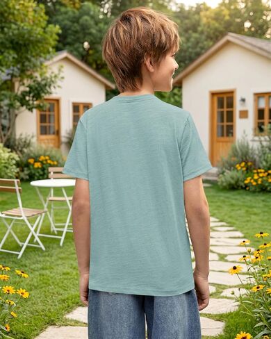 ROVENTIS Boys Henley Shirts Kids Short Sleeve Casual Button Down Cotton T-Shirts Summer Boy Tops Tees 9-10 Years Lake Green in Saudi Arabia