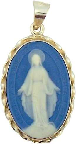 Blue Cameo Miraculous Medal in Rope Sterling Silver Frame 1 3/8 Inch in Saudi Arabia