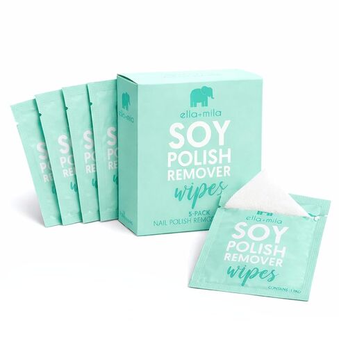 ella+mila Soy Nail Polish Remover Wipes Non-Acetone Lint Free Nail Wipes - Non-Toxic Fingernail Polish Remover - Unscented & Enriched with Vitamins A,C & E (5 Pack) in Saudi Arabia