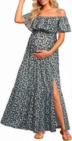 Maternity Dress for Photoshoot Off Shoulder Ruffles Summer Flowy Maxi Pregnancy Dress for Baby Shower with Slit in Kuwait