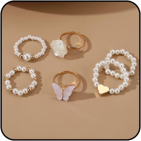 Dainty Pearl Ring Set White Rose Butterfly Rice Bead Elastic Ring for Women Party Graduation Ceremony Daily Accessories Jewelry Gifts in Saudi Arabia