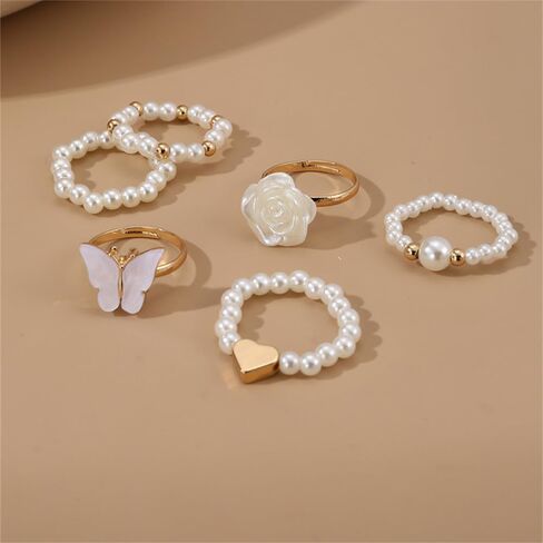 Dainty Pearl Ring Set White Rose Butterfly Rice Bead Elastic Ring for Women Party Graduation Ceremony Daily Accessories Jewelry Gifts in Saudi Arabia