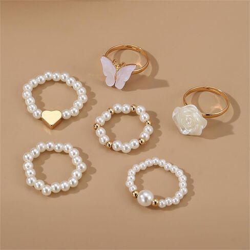 Dainty Pearl Ring Set White Rose Butterfly Rice Bead Elastic Ring for Women Party Graduation Ceremony Daily Accessories Jewelry Gifts in Saudi Arabia