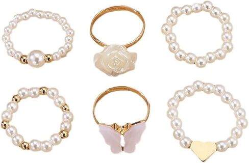 Dainty Pearl Ring Set White Rose Butterfly Rice Bead Elastic Ring for Women Party Graduation Ceremony Daily Accessories Jewelry Gifts in Saudi Arabia