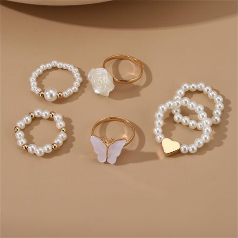 Dainty Pearl Ring Set White Rose Butterfly Rice Bead Elastic Ring for Women Party Graduation Ceremony Daily Accessories Jewelry Gifts in Saudi Arabia